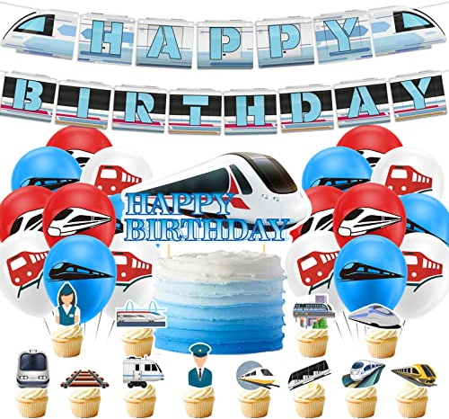Hochgeschwindigkeitszug Party Dekorationen Kugelzug Geburtstag Party Zubehör beinhaltet Hochgeschwindigkeitszug Happy Birthday Banner, Kuchen Topper, Cupcake Topper, Ballons