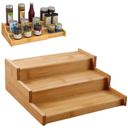 Wisebom Especiero Extensible de 3 Niveles Especiero Bambú Organizador de Estante de Especias de 3 Niveles Soporte Botes Especias, Madera Natural para Armario de Cocina