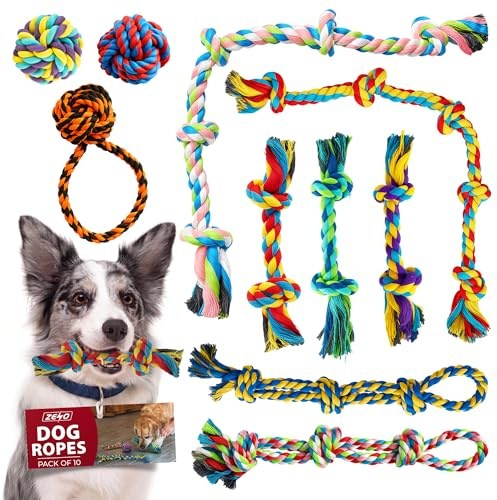 ZENO Dog Toys 10 Pack | Indestructible Dog Toys | Rope Chew Toys for Dogs | Strong Rope, Ball & Tug for Teething | Puppy Teething Toys | 100% Natural Cotton | Great for Small, Medium & Large Dogs