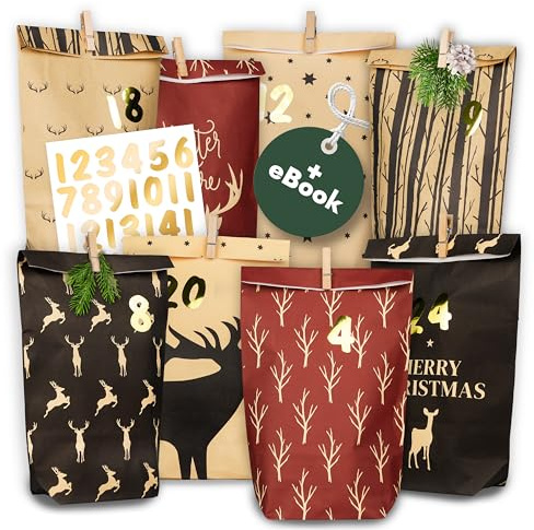 AMARI ® Calendario de Adviento para rellenar nº 15 ciervos, 24 bolsas de papel (con pinzas de madera) para manualidades para Navidad, bolsas de papel de Navidad