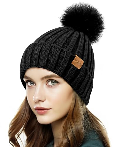 PIOZAED Bonnet d'hiver Chaud doublé en Polaire avec Pompon en Fausse Fourrure pour Femme, Noir, Taille Unique