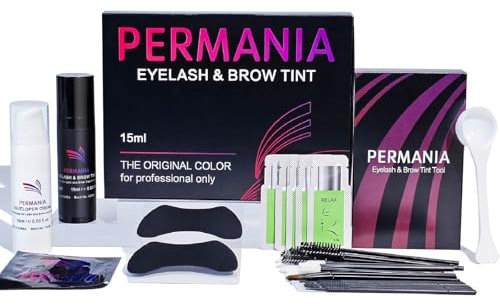 PERMANIA Augenbrauen und Wimpernfarbe Set, 2 In 1 Wimpern Färben Schwarz Set, Farbe Bis zu 4 Wochen, Sanfte Formel für Salon Oder Heimgebrauch