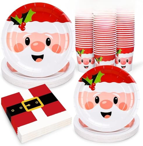 KAHEIGN 100 Piezas Vajilla de Papel para Fiestas Navideñas, 25 x 23CM Platos Grandes, 25 x 18CM Platos de Ensalada, 25 x 270ml Vasos, 25 x 16CM Servilletas - para Festivo Navidad Fiesta Decoración