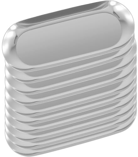 YUENPUN 10 PCS Stainless Steel Oval Silver Trays, 23 x 9cm Metal Mirror Trays, Jewellery Cosmetic Vanity Tray for Makeup, Small Item Storage Organising, Bathroom