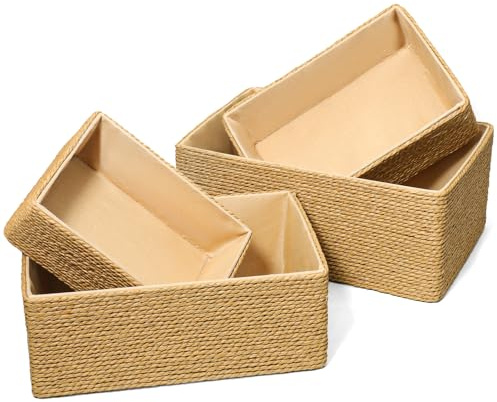 4 Set Wicker Storage Basket Hand Woven Paper Rope Storage Baskets Decorative Fruit Basket Stackable Wicker Baskets for Shelves Drawer Cupboards Organizing