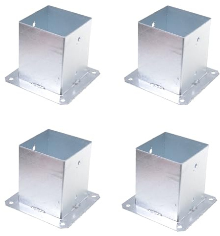 Aqbau® 4er Set Pfostenträger Aufschrauben 120 x 120mm Aufschraubhülse, Aufschraubanker, Bodenhülse mit Dübelplatte, Pfostenschuhe zum aufschrauben feuerverzinkt