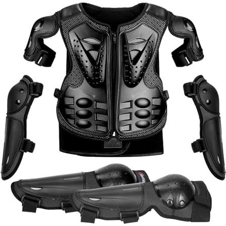 ARMAAN Tuta Protettiva per Moto da Bambino, con Ginocchiere e gomitiere, Protezione per la Colonna vertebrale e Il Torace, per Bambini dai 4 ai 14 Anni, per Pattinaggio a rotelle,Black-One Size