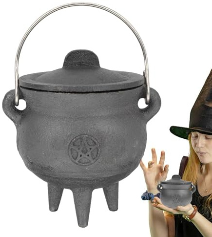 Calderone della - Calderone in ghisa nera, porta caramelle di Halloween, bollitore robusto con coperchio e manico, design con piedi rialzati che supporta accese e rituali di incenso | o