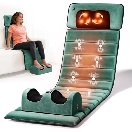 Himouta Velvet Full Body Massage Mat with Heat, Foldable Massage Pad with Detachable Neck Massager, 10 Vibration Motors Massager Chair Pad for Relaxation, Gifts for Men & Women