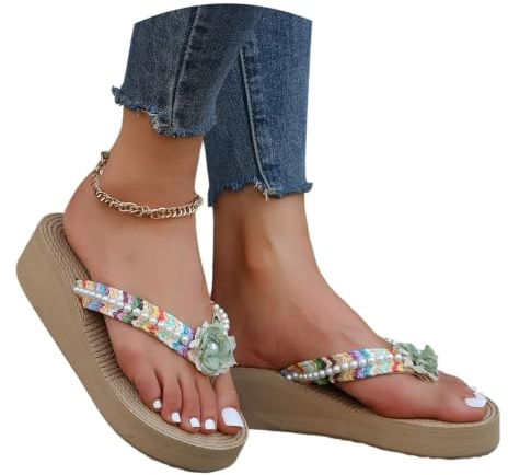 Tongs Bohèmes À Motif Floral + Perles Sandales Séparateur D'orteils Femmes | Pantoufles orthopédiques confortables avec soutien de la voûte plantaire Chaussons d'été antidérapantes