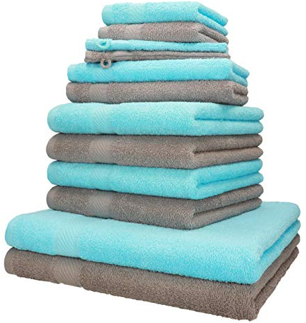 Betz 12-TLG. Handtuch-Set Palermo 100% Baumwolle 2 Liegetücher 4 Handtücher 2 Gästetücher 2 Seiftücher 2 Waschhandschuhe Farbe Stone und türkis