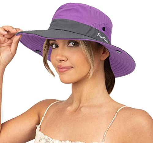 Sombrero de Sol para Mujer, Verano, protección UV, Sombrero de Playa, ala Ancha, Malla, Sombrero de Pescador con Agujero para Cola de Caballo, Plegable, Compacto, Morado, M