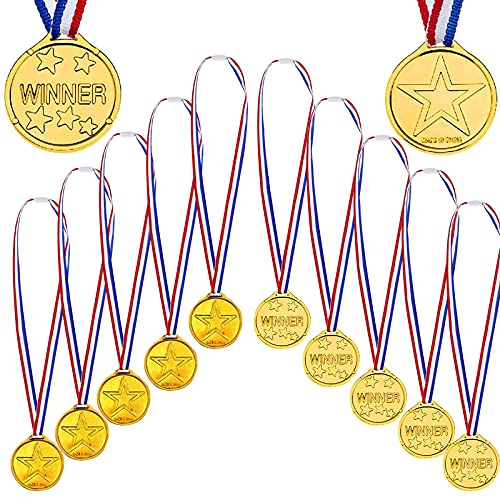 Udewo 12 Pack Gold Winners Medals, Party Medals Winner Award Medals Prizes Medals Star Party Favours Medals Plastic Gold Medals Olympic Style Medals with Ribbon Necklaces for School Sport