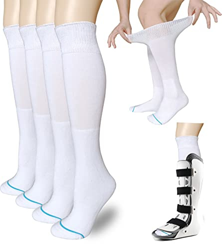 Lot de 2 paires de chaussettes orthopédiques pour bottes de marche orthopédiques, chaussettes médicales sous Air Cam Walkers et bottes de fracture Blanc