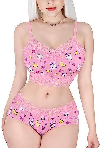 LittleForBig Lacy Trim Mujeres Nightwear Ropa de Dormir con Correa Camisones Camisón y Pantalones Cortos Lencería Bralette Loungewear Set -Dulce Usagi Rosa S