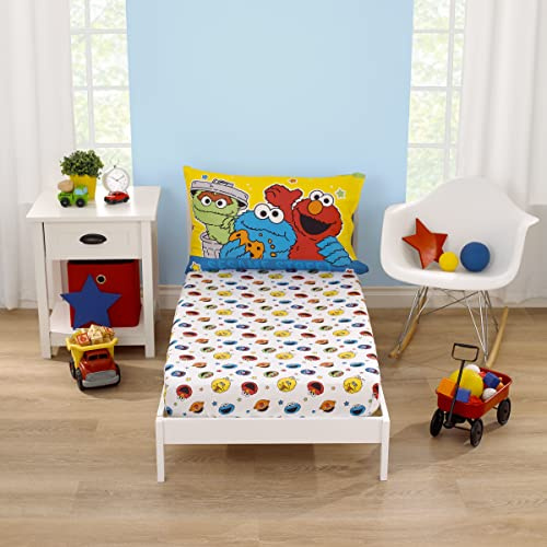 NoJo Sesame Street Come and Play Blue, Green, Red and Yellow, Elmo, Big Bird, Cookie Monster, Grover and Oscar The Grouch 2 Piece Toddler Sheet Set - Fitted Bottom Sheet and Reversible Pillowcase