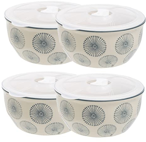 Tranquillo 4er Set Schüssel Art Deco handgestempelt aus Steinzeug, Silikondeckel, stilvolle und praktische Aufbewahrung für Lebensmittel grau, 13 cm