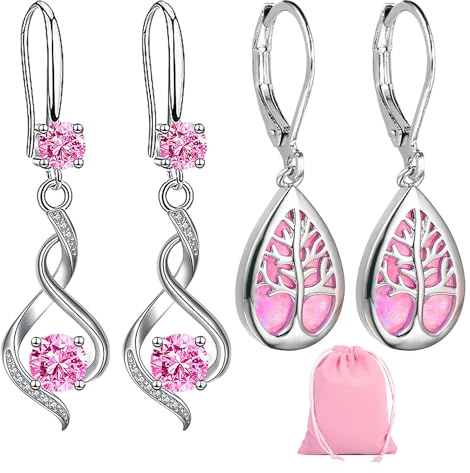 2 Paar Rosa Damenohrringe Mit 1 Rosa Aufbewahrungstasche, Damen-Ohrhänger, Diamantohrringe, Kristallohrringe, Rosa Schmuck