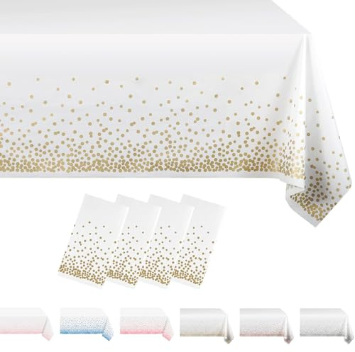 MORAINJAY 4 Pièces Nappe à Pois Jetables,137x274cm Nappe de Table Rectangulaire,Point Doré Blanc Nappes Imperméables pour Anniversaire,Picnic,Exterieur,Jardin,Mariage, Noël