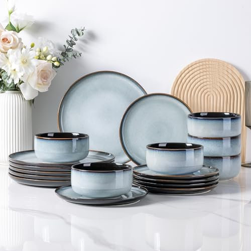 LeRatio Geschirrset für 6 Personen, Steingut Geschirr Set 18-tlg, Keramik Reaktive Glasur Kratzfestes- Schüssel- und Teller-Set, Spülmaschinen- und Mikrowellenfestes für Tafelservice, Ozeanblau