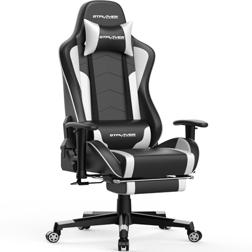 GTPLAYER Chaise Gaming Repose-Pieds Haut-Parleur Bluetooth Fauteuil Gamer Gris Siège Ergonomique (Blanc)