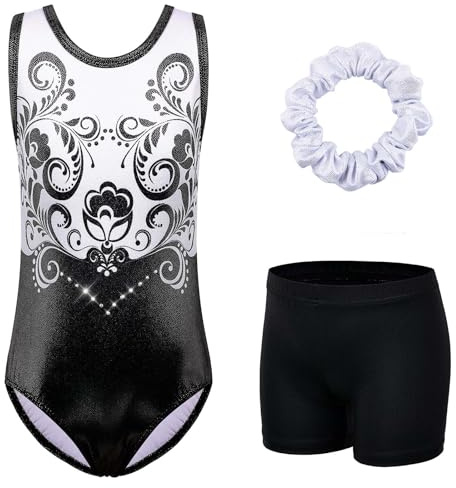 HUAANIUE Set di body da ginnastica per bambine + pantaloncini + accessori per capelli, tuta da danza senza maniche, 3-14 anni, KHB364-Nero Bianca, 13-14 Jahre