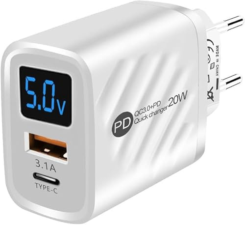 20 W USB C Ladegerät, 2-Ports Multi-Ladegerät conPD&USB-A, Schnellladegerät Typ C, Stecker Netzteil USB C mit LCD-Display Charger für iOS 15 Pro Max/14/11