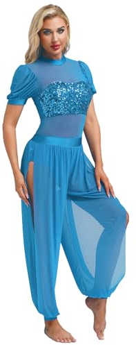 Sywiyi Robe De Danse du Ventre Femme Costume Danse Orientale Tenue Indienne Arabe Danseuse Tenues Belly Dance Déguisement Cosplay Carnaval Halloween Vêtements Bleu Clair L