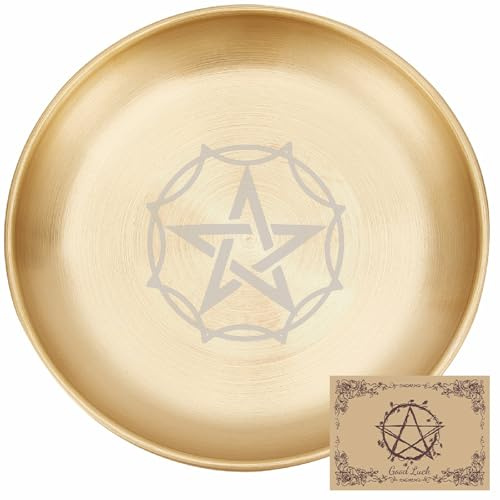 CREATCABIN Star Pentagram Ritual Plate Stainless Steel Golden Offering Bowl Flat Round Tray Offering Bowl Candle Holder Jewelry Dish for Smudging Incense Burner Meditation 5.55Inch