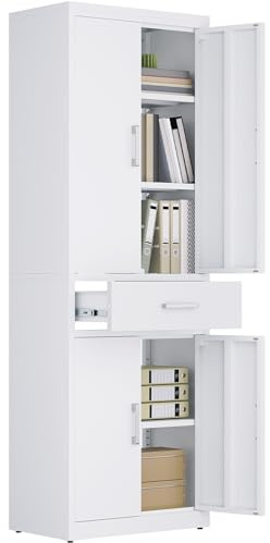 YITAHOME Armario archivador con Cerradura con 3 estantes Ajustables para Oficina, Cocina, Garaje, 180 x 60 x 34D, Color Blanco