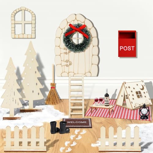 Kiiwah 18 Pièces Maison Lutin Farceur de Noel Complet, Décoration de Porte Lutin Farceur Kit de Porte Lutin de Noël Micro Paysage Décoration Inclut Une Tente de Camping, Une Couronne, des Bottes