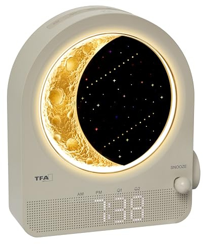 TFA Dostmann despertador de luz digital con lámpara de luna, luz nocturna 60.2053, luz nocturna con despertador, sonido blanco, sonido natural, ayuda para dormir, 2 alarmas, gris claro, beige