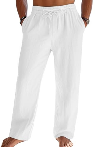 Litthing Mens Linen Trousers Cotton Lightweight Summer Trousers Loose Fit