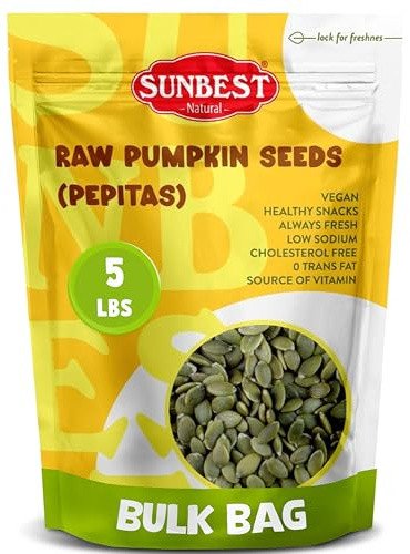 Sunbest Natural Raw Pumpkin Seeds, 5 lbs – Unsalted & Shelled – Bulk Bag, Whole Pepitas, Pumpkin Seeds to Eat – For Snacking, Baking & Topping – Rich in Essential Fatty Acids, Iron & Protein (80 oz)