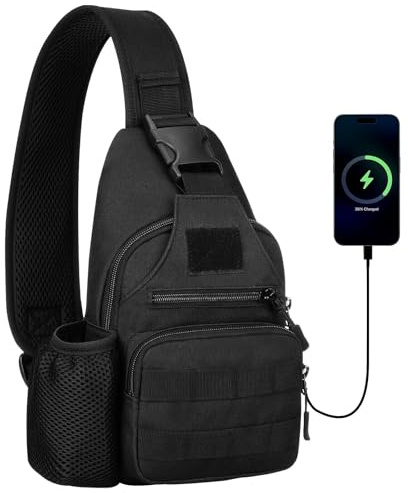 HUNTVP Bröstväska taktisk Molle-väska för män, axelväska, axelväska med handtag och USB-port, för vandring, träning, utomhus, camping, vandring