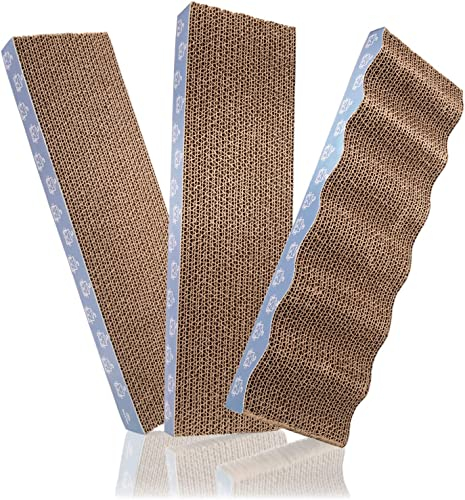 Bella & Balu Kratzpappe für Deine Katze | Kratzbrett 3er Set aus Pappe inkl. 1x Kratzwelle Design – Katzen Kratzspielzeug und Kratzschutz für Möbel