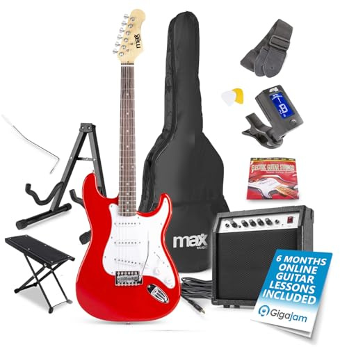Max GigKit Red Electric Guitar Starter Pack - Complete Set for Beginners, Ideal Beginner Electric Guitars, Includes Amp, Footstand & Guitar Stand for Aspiring Musicians