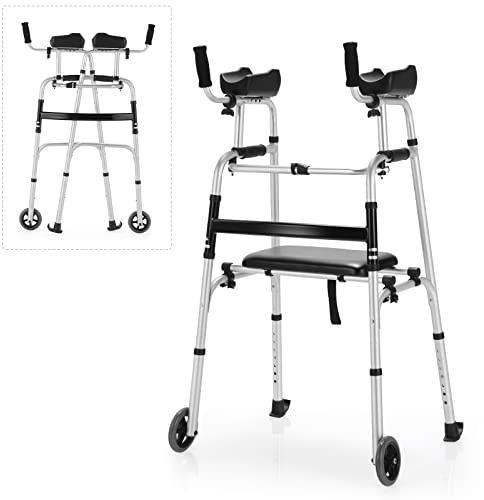 Goplus Folding Walker for Seniors, Lightweight Standard Walker with 5’’ Wheels, Seat and Arm Rest Pad, Height Adjustable Platform Walker, Standing & Walking Mobility Aid for Elderly Handicap Disabled
