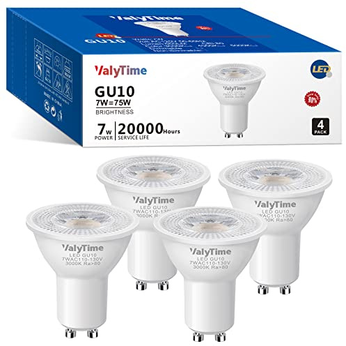 Valytime GU10 LED Light Bulbs 7W (50W -60W-75W Equivalent) GU10 Shape Halogen Replacement Bulb 38° 120V 650Lm Non-dimmable for Track Spot Lighting Indoor Recessed,Warm White 3000K,4 Pack