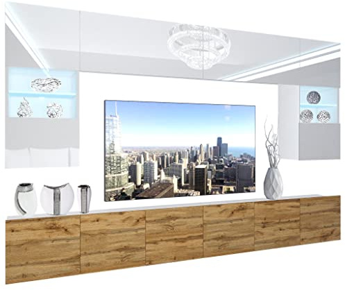 BELINI Meuble Mural NEX 1 avec LED, Blanc très Brillant/chêne wotan 1