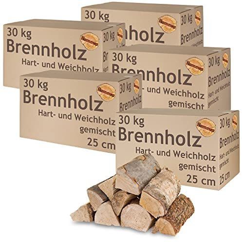 Brennholz Gemischt Kaminholz 5-500 kg Buche Eiche Birke Kiefer Fichte Holz Für Ofen und Kamin Kaminofen Feuerschale Grill Feuerholz 25 cm Wood Kammergetrocknet Flameup, Menge:150 kg