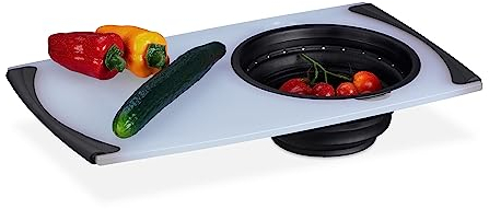 Relaxdays Planche à découper avec passoire, Plastique, 50x29 cm, bac récupérateur Pliable, pour la Cuisine, Blanc - Noir