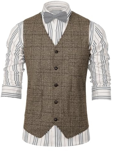 Solove-Suit Herren Elegant Anzug Weste Kariert Plaid Slim Fit Wolle Tweed Weste für Hochzeits(BraunXL)