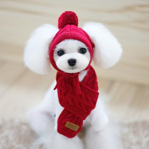 ITODA Ensemble Bonnet et Echarpe pour Chien Bonnet d'hiver Chaud avec Oreilles Percées avec Pompon Chapeau en Tricot pour Animal de Compagnie Accessoires Costume de Chien Réglable Cadeau pour Noël