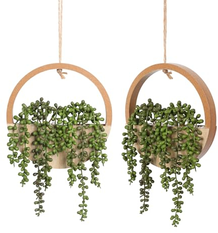 Floweroyal - Juego de 2 Plantas suculentas Artificiales para Colgar de 30,5 cm en Maceta con cordón de 21 cm para decoración de Pared Interior y Exterior (Color Madera).