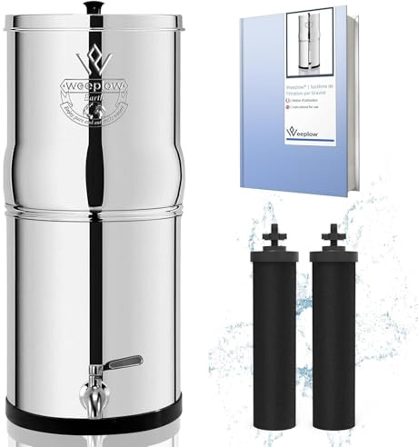 Weeplow® Earth ECO - Système de Filtration d'Eau par Gravité 8.5L Litres AISI 304 avec 2 Eléments de Purification O'Pure 2 Et Robinet 100% Inox (Inox, 8.5L ECO)