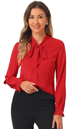 Allegra K Women's Elegant Bow Tie Neck Blouse Ruffle Long Sleeve Work Chiffon Shirt Top Red M