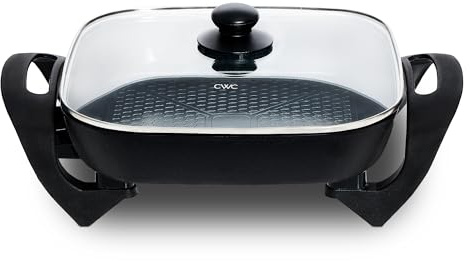 COOK WITH COLOR Electric Skillet - 12 x 12 Ceramic Nonstick Pan, PFAS-Free, 1400W, Tempered Glass Lid, Variable Temperature, Removable Heating Probe, Cool-Touch Handles, Black