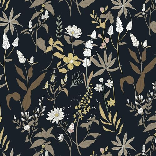 Timeet Self Adhesive Wallpaper Black Gold Floral 44CM×3M Waterproof Peel and Stick Wallpaper White Flowers Contact Paper Sticky Back Plastic Removable Vinyl Wrap for Wall Cabinets