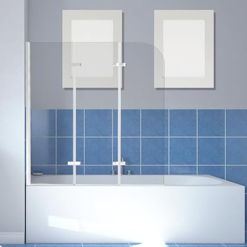 Ollewiellan Parete doccia per vasca da bagno, 120 x 140 cm, 3 pezzi, pieghevole, con vetro di sicurezza monolocale da 6 mm, colore: argento trasparente